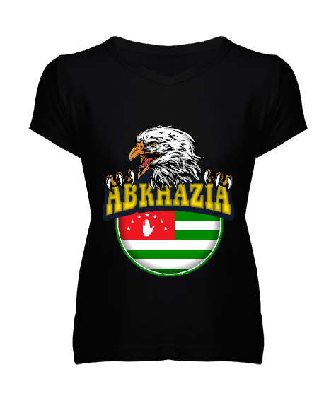 Tisho - Abhazya,Abhazya Bayrağı,abkhazia,abkhazia flag. Siyah Kadın V Yaka Tişört