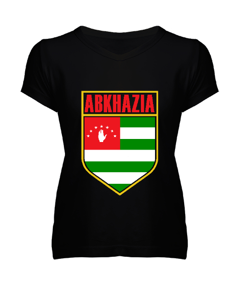 Tisho - Abhazya,Abhazya Bayrağı,abkhazia,abkhazia flag. Siyah Kadın V Yaka Tişört