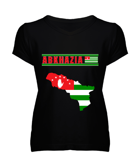 Tisho - Abhazya,Abhazya Bayrağı,abkhazia,abkhazia flag. Siyah Kadın V Yaka Tişört