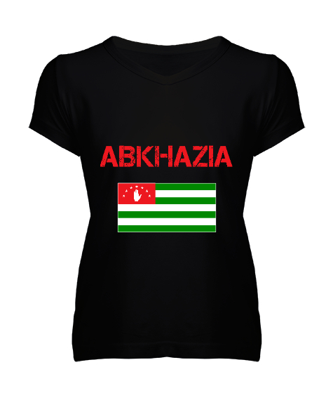 Tisho - Abhazya,Abhazya Bayrağı,abkhazia,abkhazia flag. Siyah Kadın V Yaka Tişört