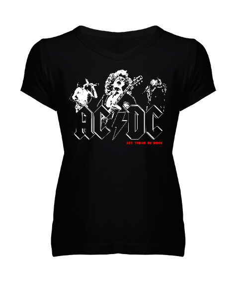 Tisho - AC DC Rock Blu V4 Siyah Kadın V Yaka Tişört