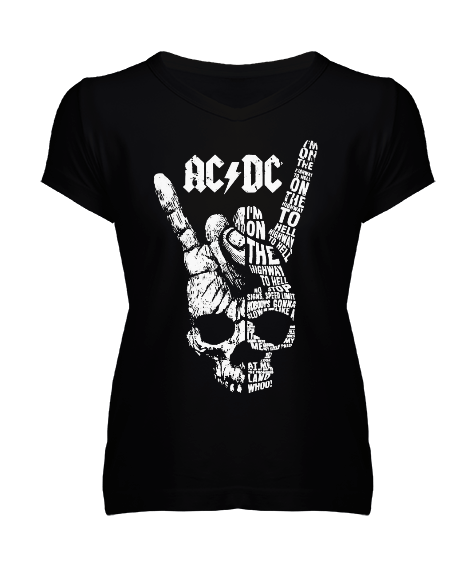 Tisho - AC DC Rock Tasarım Baskılı Kadın V Yaka Tişört