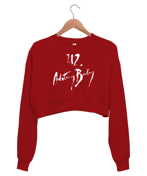 Tisho - Achtung Baby - Slogan - Dikkat Et Kırmızı Kadın Crop Sweatshirt