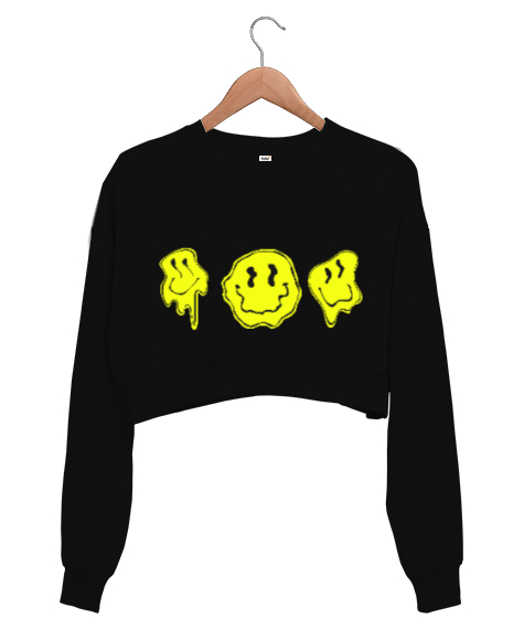 Tisho - Acid Smile Siyah Kadın Crop Sweatshirt