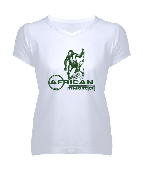 Tisho - African Itimotcci Baskılı Beyaz Kadın V Yaka Tişört