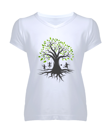 Tisho - Ağaç ve Oynayan Çocuklar Beyaz Kadın V Yaka Tişört