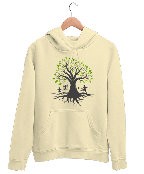 Tisho - Ağaç ve Oynayan Çocuklar Krem Unisex Kapşonlu Sweatshirt