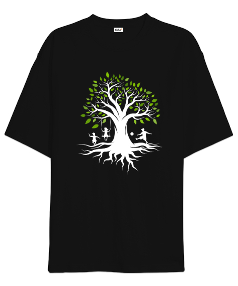 Tisho - Ağaç ve Oynayan Çocuklar Siyah Oversize Unisex Tişört