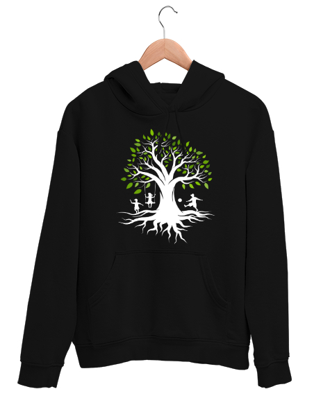 Tisho - Ağaç ve Oynayan Çocuklar Siyah Unisex Kapşonlu Sweatshirt