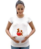 Ağzında kalp taşıyan köpek baskılı Beyaz Kadın Hamile Tişört - Tisho