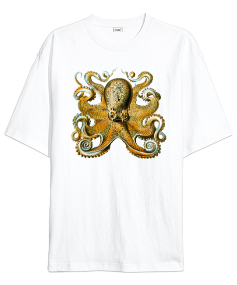 Tisho - Ahtapot - Octobus Blu 3 Beyaz Oversize Unisex Tişört