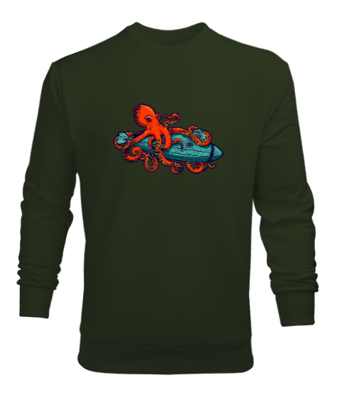 Tisho - Ahtapot ve Denizaltı - Octopus Haki Yeşili Erkek Sweatshirt