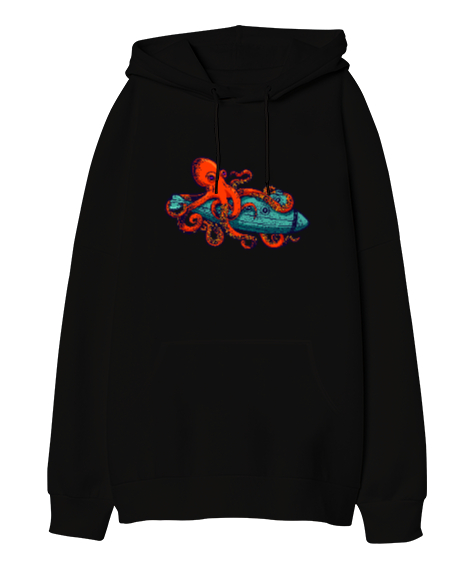 Tisho - Ahtapot ve Denizaltı - Octopus Siyah Oversize Unisex Kapüşonlu Sweatshirt