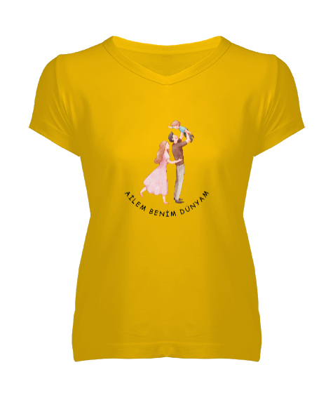 Tisho - Ailem Benim Dünyam Sarı Kadın V Yaka Tişört