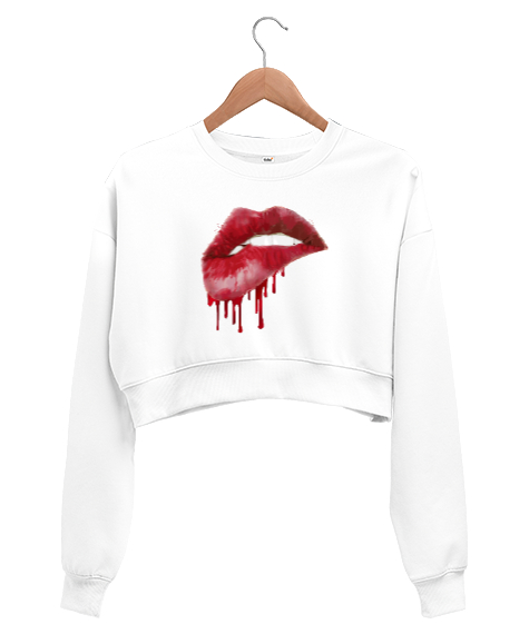 Tisho - Akan Rujlu Dudak - Lips Beyaz Kadın Crop Sweatshirt