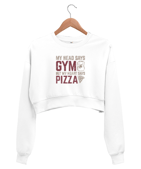 Tisho - Aklım GYM Kalbim Pizza Diyor - Fitness - Halter - Yemek Beyaz Kadın Crop Sweatshirt