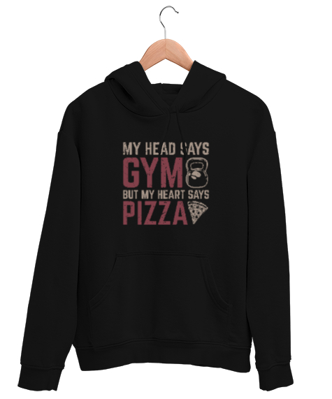 Tisho - Aklım GYM Kalbim Pizza Diyor - Fitness - Halter - Yemek Siyah Unisex Kapşonlu Sweatshirt
