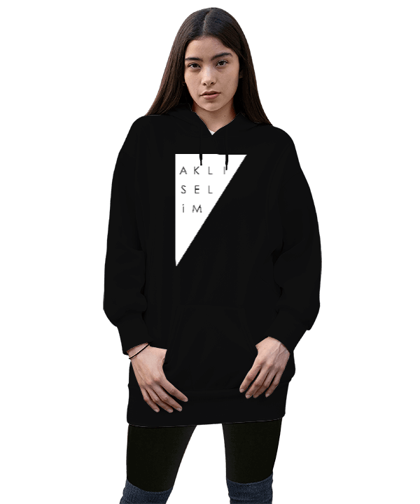 Tisho - Aklıselim Siyah TiNCiR Kadın Uzun Hoodie Kapüşonlu Sweatshirt