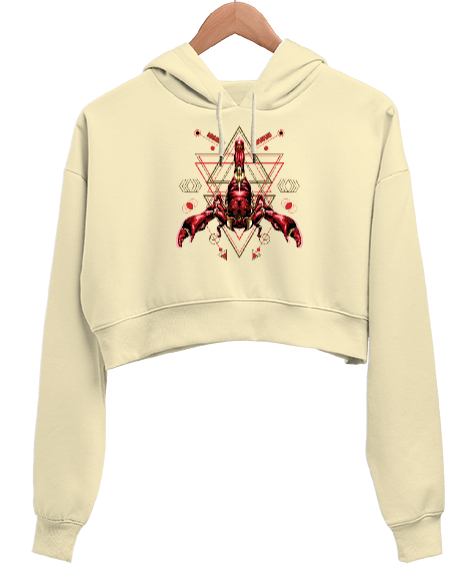 Tisho - Akrep Burcu - Scorpion Krem Kadın Crop Hoodie Kapüşonlu Sweatshirt