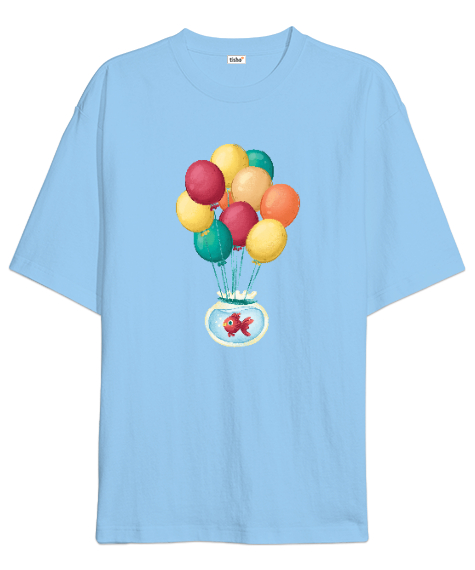 Tisho - Akvaryum ve Balonlar Buz Mavisi Oversize Unisex Tişört