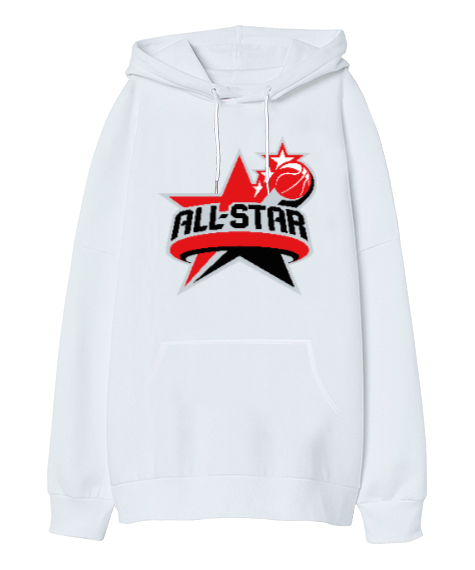 Tisho - All Star Beyaz Oversize Unisex Kapüşonlu Sweatshirt
