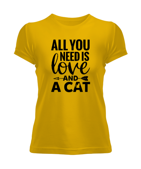 Tisho - All You Need is Love and a Cat Sarı Kadın Tişört