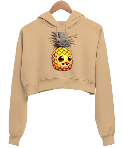 Tisho - Ananas Camel Kadın Crop Hoodie Kapüşonlu Sweatshirt