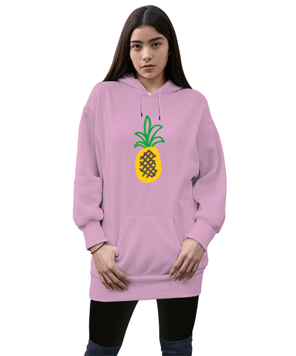 Tisho - Ananas Tasarımlı Kadın Uzun Hoodie Kapüşonlu Sweatshirt
