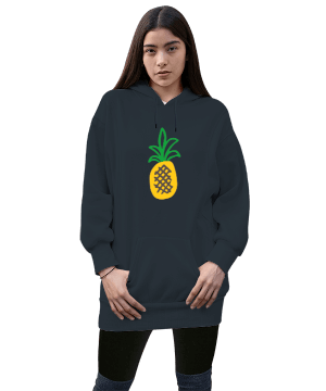 Tisho - Ananas Tasarımlı Kadın Uzun Hoodie Kapüşonlu Sweatshirt