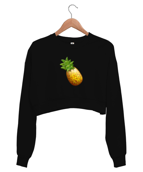 Tisho - Ananaslı Siyah Kadın Crop Sweatshirt