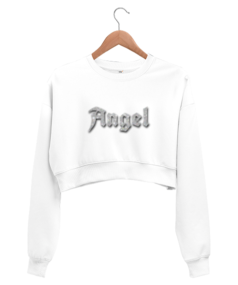 Tisho - Angel Baskılı Beyaz Kadın Crop Sweatshirt