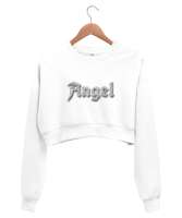 Angel Baskılı Beyaz Kadın Crop Sweatshirt - Thumbnail