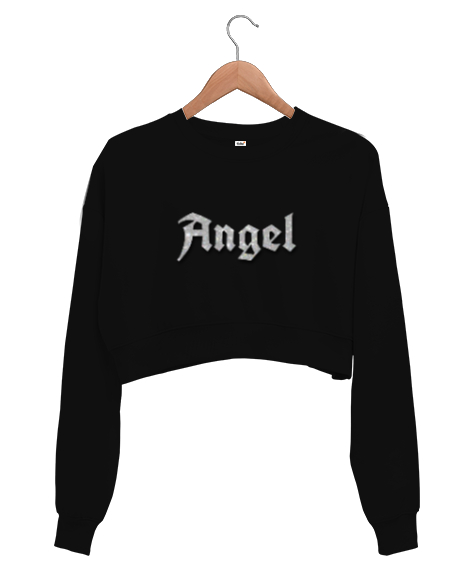 Tisho - Angel Baskılı Siyah Kadın Crop Sweatshirt