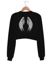 Angel Baskılı Siyah Kadın Crop Sweatshirt - Thumbnail