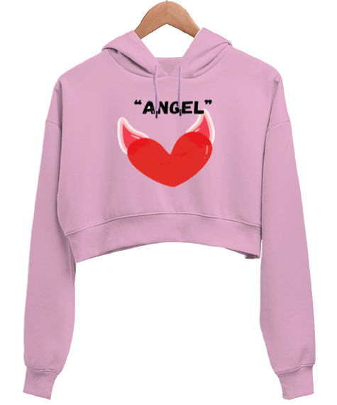 Tisho - ANGEL Pembe Kadın Crop Hoodie Kapüşonlu Sweatshirt
