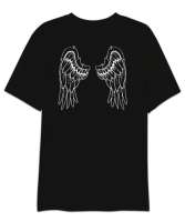 Angel Wings - Melek Kanadı - Çift Taraflı Siyah Oversize Unisex Tişört - Thumbnail