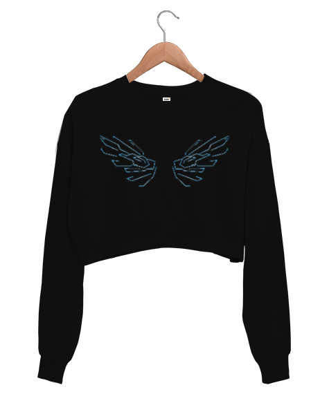 Tisho - Angel Wings - Melek Kanadı Siyah Kadın Crop Sweatshirt