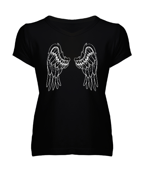 Tisho - Angel Wings - Melek Kanadı Siyah Kadın V Yaka Tişört