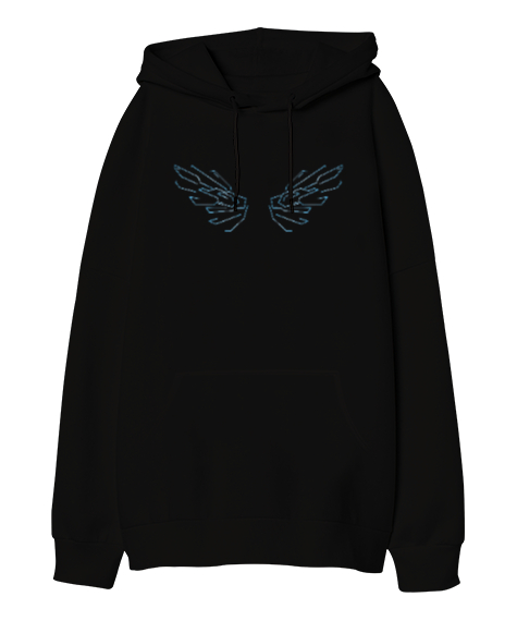 Tisho - Angel Wings - Melek Kanadı Siyah Oversize Unisex Kapüşonlu Sweatshirt