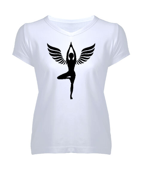 Tisho - Angel Yoga Meditasyon Beyaz Kadın V Yaka Tişört