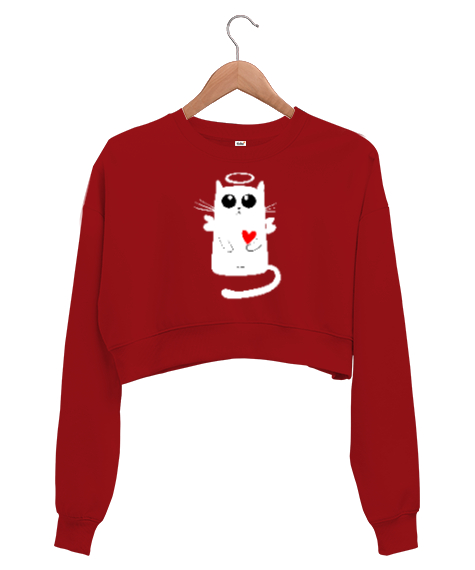 Tisho - Angelic Cat - Melek Kedi Kırmızı Kadın Crop Sweatshirt