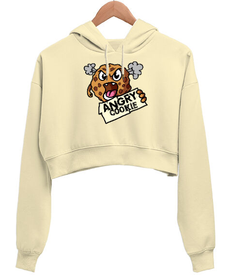 Tisho - Angry Cookie Krem Kadın Crop Hoodie Kapüşonlu Sweatshirt