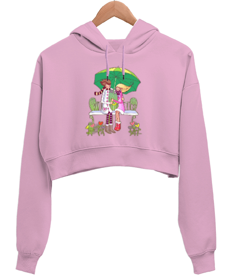Tisho - Animasyon Aşıklar Baskılı Pembe Kadın Crop Hoodie Kapüşonlu Sweatshirt