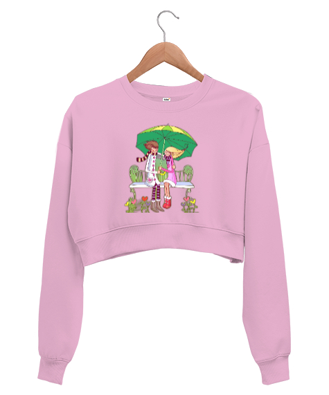 Tisho - Animasyon Aşıklar Baskılı Pembe Kadın Crop Sweatshirt
