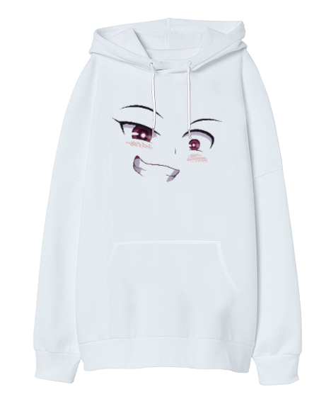 Tisho - Anime Face - Yüz İfadesi Beyaz Oversize Unisex Kapüşonlu Sweatshirt