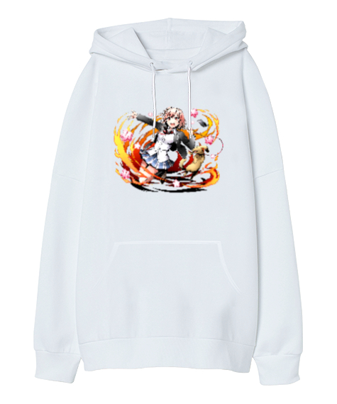 Tisho - Anime Girl Beyaz Oversize Unisex Kapüşonlu Sweatshirt