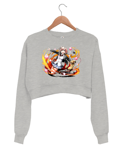 Tisho - Anime Girl Gri Kadın Crop Sweatshirt