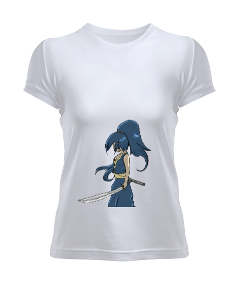 Tisho - Anime Kılıçlı Mavi Karakter Özel Tasarım Beyaz Kadın Tişört