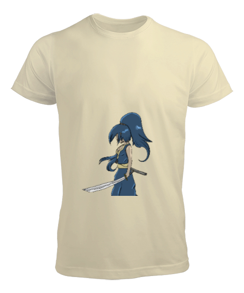Tisho - Anime Kılıçlı Mavi Karakter Özel Tasarım Krem Erkek Tişört