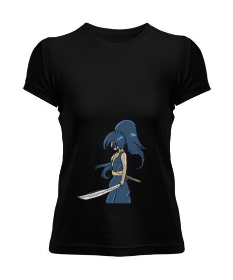 Tisho - Anime Kılıçlı Mavi Karakter Özel Tasarım Siyah Kadın Tişört